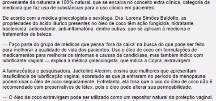 Entrevista para @copra_alimentos sobre o uso de óleo de coco no tratamento da candidíase.